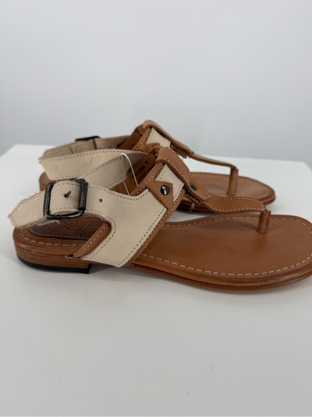 freebird Tan and Cream Leather T-Strap Sandals - Picture 2 of 3
